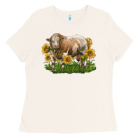 Bone simmental bull with sunflowers Ladies Tee - LillyAllenDesigns