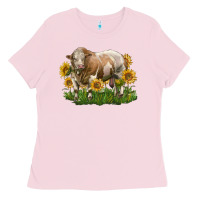 Bubblegum Pink simmental bull with sunflowers Ladies Tee - LillyAllenDesigns