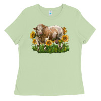 Matcha simmental bull with sunflowers Ladies Tee - LillyAllenDesigns