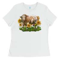 White simmental bull with sunflowers Ladies Tee - LillyAllenDesigns
