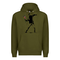Army Green banksy protester throwing flowers Premium Hoodie - lanVoArt