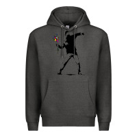 Charcoal Heather banksy protester throwing flowers Premium Hoodie - lanVoArt