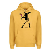 Mustard banksy protester throwing flowers Premium Hoodie - lanVoArt