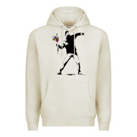 Oatmeal Heather banksy protester throwing flowers Premium Hoodie - lanVoArt