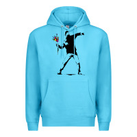 Ocean Blue banksy protester throwing flowers Premium Hoodie - lanVoArt