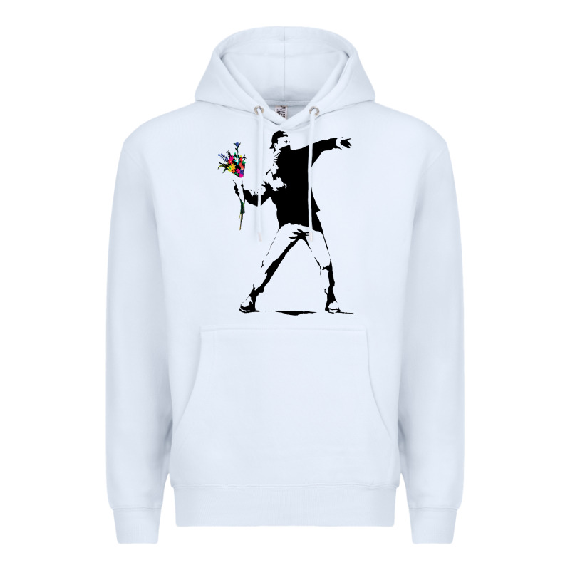Banksy Protester Throwing Flowers Premium Hoodie by lanVoArt | Teevron
