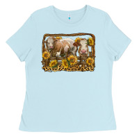 Baby Blue simmental bull and heifer with sunflowers Ladies Tee - LillyAllenDesigns