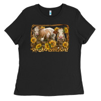 Black simmental bull and heifer with sunflowers Ladies Tee - LillyAllenDesigns