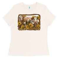 Bone simmental bull and heifer with sunflowers Ladies Tee - LillyAllenDesigns