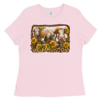 Bubblegum Pink simmental bull and heifer with sunflowers Ladies Tee - LillyAllenDesigns