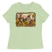 Matcha simmental bull and heifer with sunflowers Ladies Tee - LillyAllenDesigns