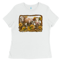 White simmental bull and heifer with sunflowers Ladies Tee - LillyAllenDesigns