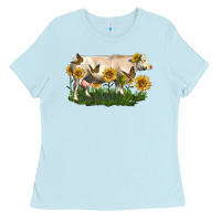 Baby Blue charolais cow with sunflower Ladies Tee - LillyAllenDesigns