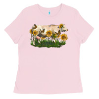 Bubblegum Pink charolais cow with sunflower Ladies Tee - LillyAllenDesigns