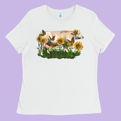 Charolais Cow With Sunflower Ladies Tee Designed By Lillyallendesigns