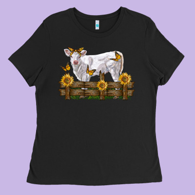 Charolais Calf With Sunflowers Ladies Tee Designed By Lillyallendesigns