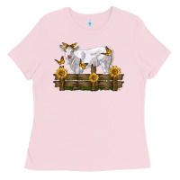 Bubblegum Pink charolais calf with sunflowers Ladies Tee - LillyAllenDesigns