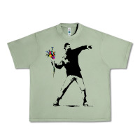 Oil Green banksy protester throwing flowers Urban Heavy Tee - lanVoArt