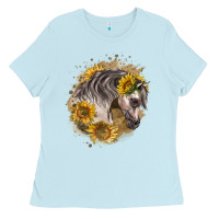 Baby Blue arabian horse with sunflowers Ladies Tee - LillyAllenDesigns