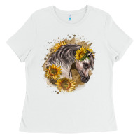 White arabian horse with sunflowers Ladies Tee - LillyAllenDesigns