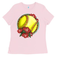 Bubblegum Pink Western Softball With Roses Ladies Tee - LillyAllenDesigns