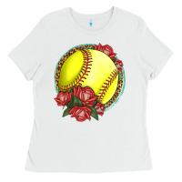 White Western Softball With Roses Ladies Tee - LillyAllenDesigns