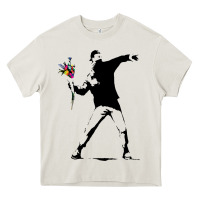 Cream banksy protester throwing flowers Heavy Core Tee - lanVoArt