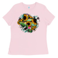 Bubblegum Pink Texas Map Sunflower Cactus Serape Ladies Tee - RanaPortraitStore