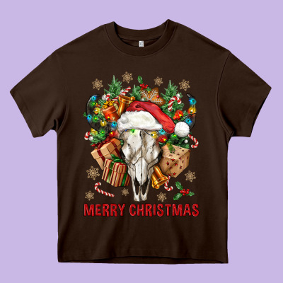 Merry Christmas With Bull Skull Heavy Core Tee Designed By Bundleandbundleshop