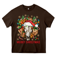 Chocolate Brown Merry Christmas With Bull skull Heavy Core Tee - BundleAndBundleShop