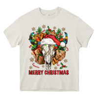 Cream Merry Christmas With Bull skull Heavy Core Tee - BundleAndBundleShop
