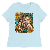 Baby Blue appaloosa horse with sunflowers and western background Ladies Tee - LillyAllenDesigns