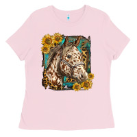 Bubblegum Pink appaloosa horse with sunflowers and western background Ladies Tee - LillyAllenDesigns