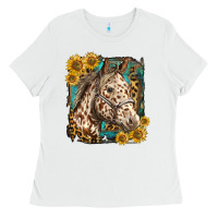 White appaloosa horse with sunflowers and western background Ladies Tee - LillyAllenDesigns