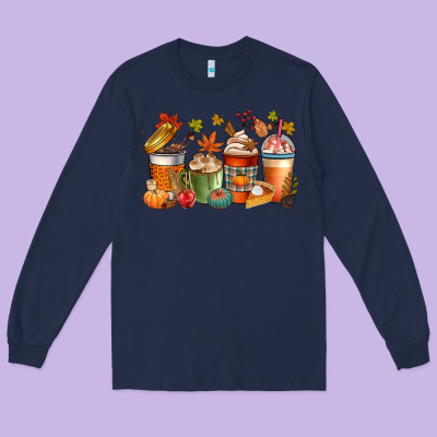 Fall Coffee Cups Long Sleeve Tee Designed By Cowgirlartshop