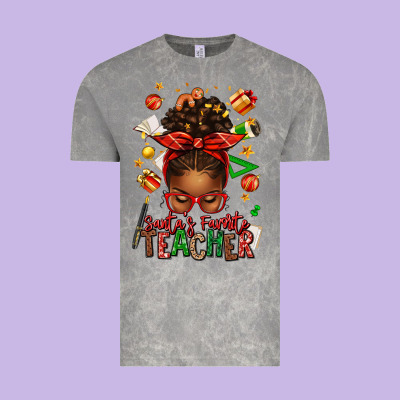 Santa's Favorite Teacher Afro Messy Bun Vintage Tee Designed By Texasbilliewilder