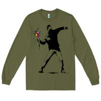 Army Green banksy protester throwing flowers Long Sleeve Tee - lanVoArt