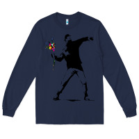 Navy banksy protester throwing flowers Long Sleeve Tee - lanVoArt