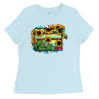 Baby Blue Wyoming Map Sunflower Cactus Serape Ladies Tee - RanaPortraitStore