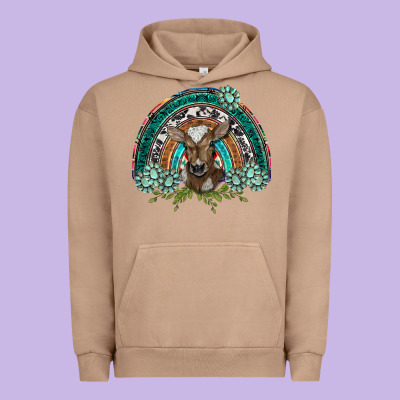 Turquoise Gemstones Brown Baby Cow  Rainbow Urban Hoodie Designed By Barkaloodesign