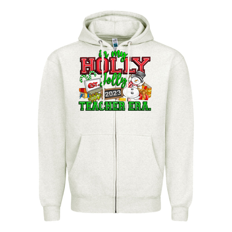 In My Holly Jolly Teacher Era Zipper Hoodie by CowhideDigitalArt | Teevron