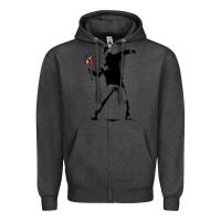 Charcoal Heather banksy protester throwing flowers Zipper Hoodie - lanVoArt