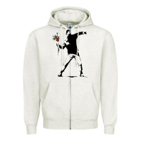 Oatmeal Heather banksy protester throwing flowers Zipper Hoodie - lanVoArt