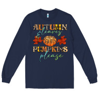 Navy autumn leaves and pumpkins please Long Sleeve Tee - CowGirlArtShop