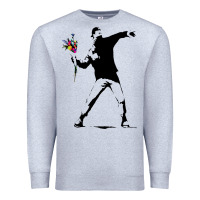 Heather Grey banksy protester throwing flowers Premium Sweatshirt - lanVoArt