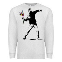 Oatmeal Heather banksy protester throwing flowers Premium Sweatshirt - lanVoArt