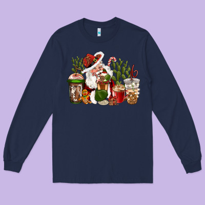 Western Santa Cowboy Coffe Cups Christmas Long Sleeve Tee Designed By Cowgirlartshop
