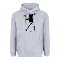 Heather Grey banksy protester throwing flowers Heavyweight Hoodie - lanVoArt