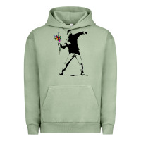 Pigment Oil Green banksy protester throwing flowers Urban Hoodie - lanVoArt