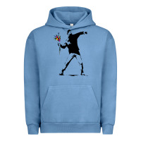 Pigment Pebble Blue banksy protester throwing flowers Urban Hoodie - lanVoArt